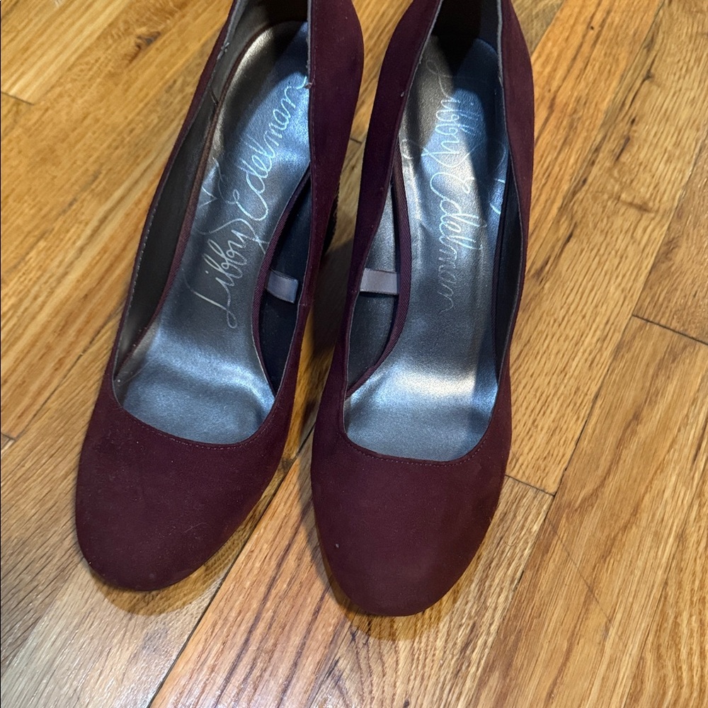 libby. edelman Burgundy Suede Round-Toe Pumps